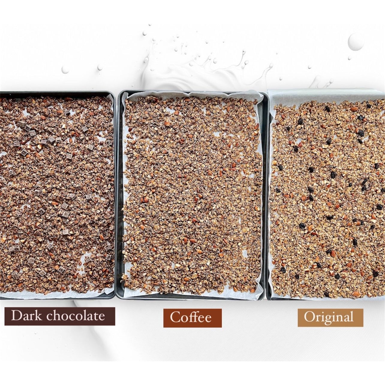 3 Bags of different flavors: Original, Dark chocolate, and Coffee.