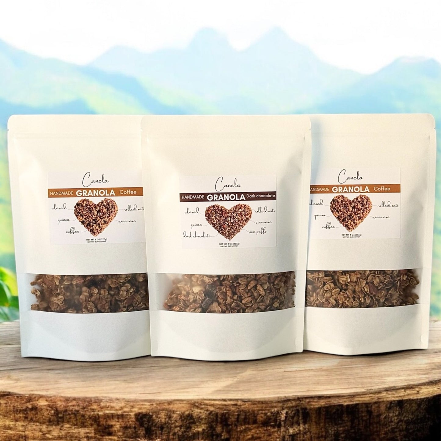 3 Bags of granola, handmade, healthy, vegan, organic,  Flavors: 2 Coffee and 1 Dark chocolate.