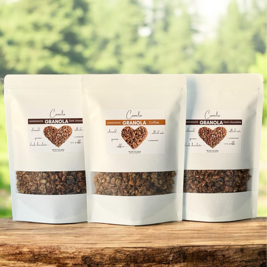 3 Bags of granola different flavors: 2 Dark chocolate and 1 Coffee.