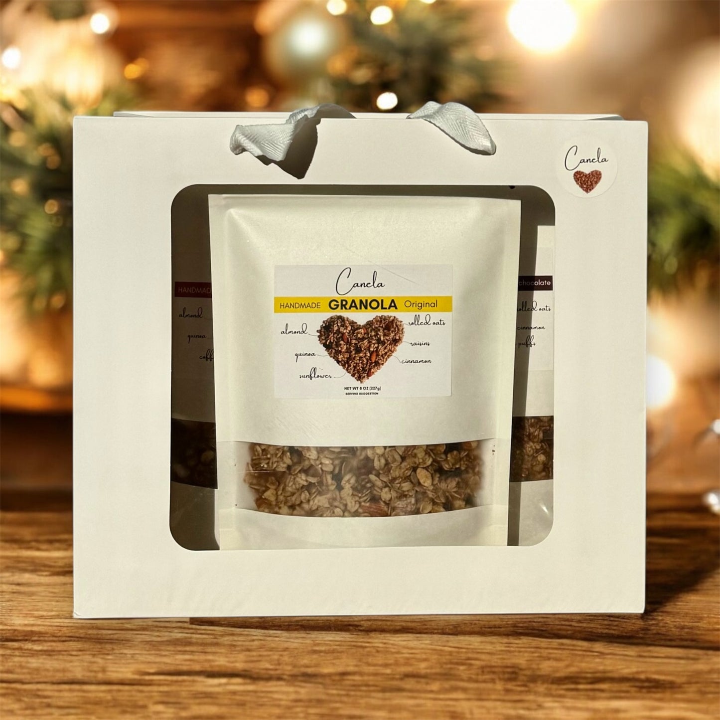 Magic granola box, 3 Bags of different flavors: Original, Dark chocolate, and Coffee.